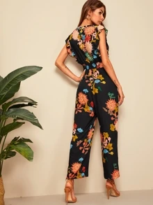 SHEIN 交叉包裹荷葉邊植物印花連身褲 - 彩色 - 查看 2