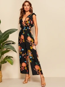 SHEIN 交叉包裹荷葉邊植物印花連身褲 - 彩色 - 查看 3