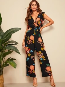 SHEIN 交叉包裹荷葉邊植物印花連身褲 - 彩色 - 查看 1