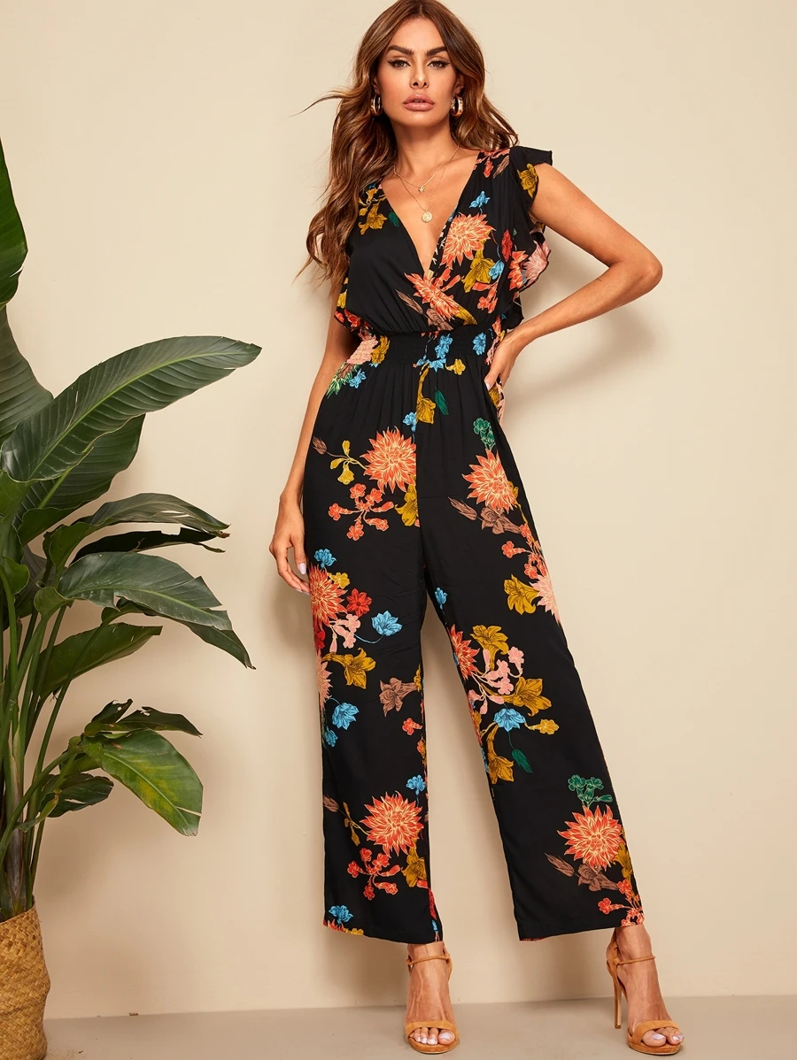 SHEIN 交叉包裹荷葉邊植物印花連身褲 - 彩色 - 查看 1
