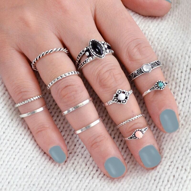 

At-Silver 12Pcs/Set Knuckle Ring Stone Jewelry Ring