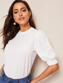 Modelyn Top de manga farol de cuello alto de espalda con abertura de ojo - Blanco - Ver 5