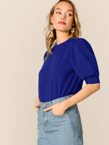 Mulvari Puff Sleeve Keyhole Back Solid Top - Royal Blue - View 3