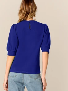 Mulvari Puff Sleeve Keyhole Back Solid Top - Royal Blue - View 2