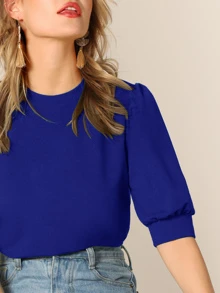 Mulvari Puff Sleeve Keyhole Back Solid Top - Royal Blue - View 4