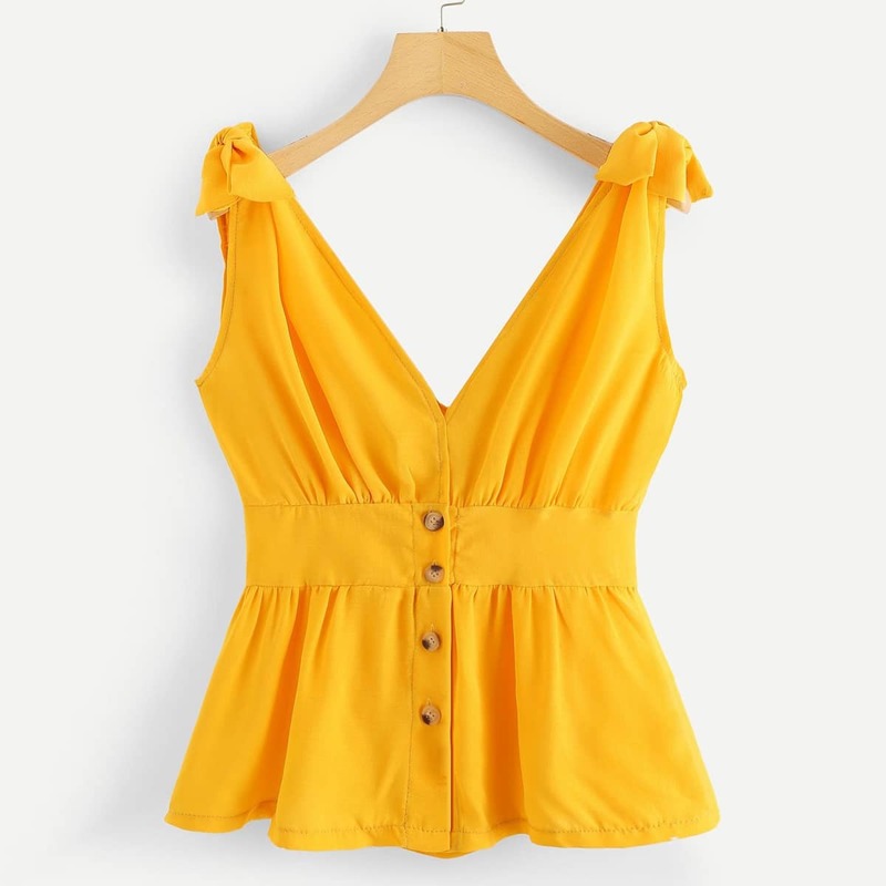 

Plus Button Knot Crop Top, Yellow