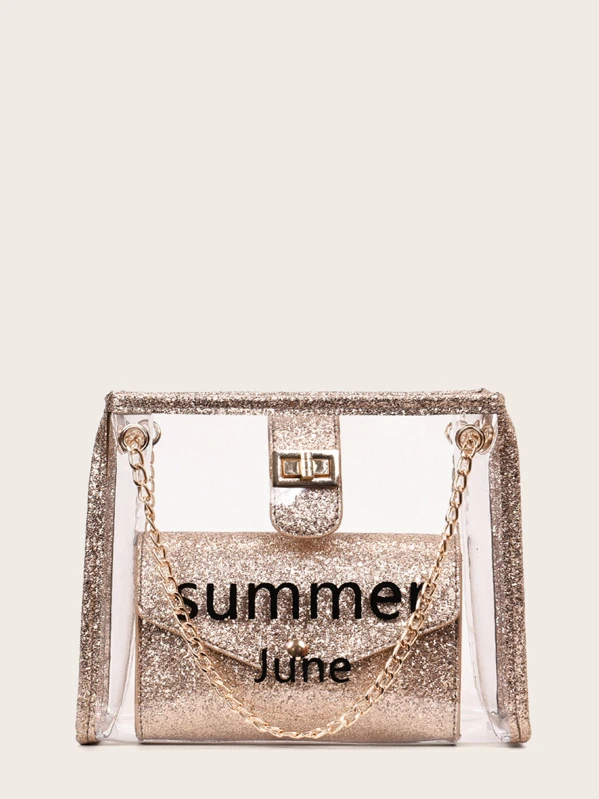Random Twist Lock Slogan Print Chain Bag With Inner Clutch
