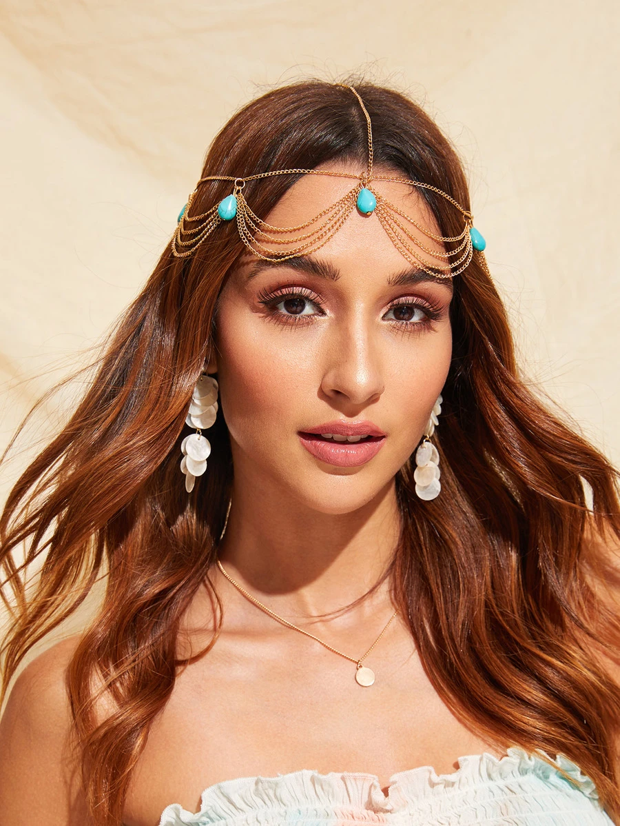 Bead Detail Layered Chain Headpiece - Gold - View 1