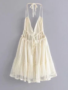 Aveloria Rosie Dobby Mesh Self-Tie Ruffled Halter Dress