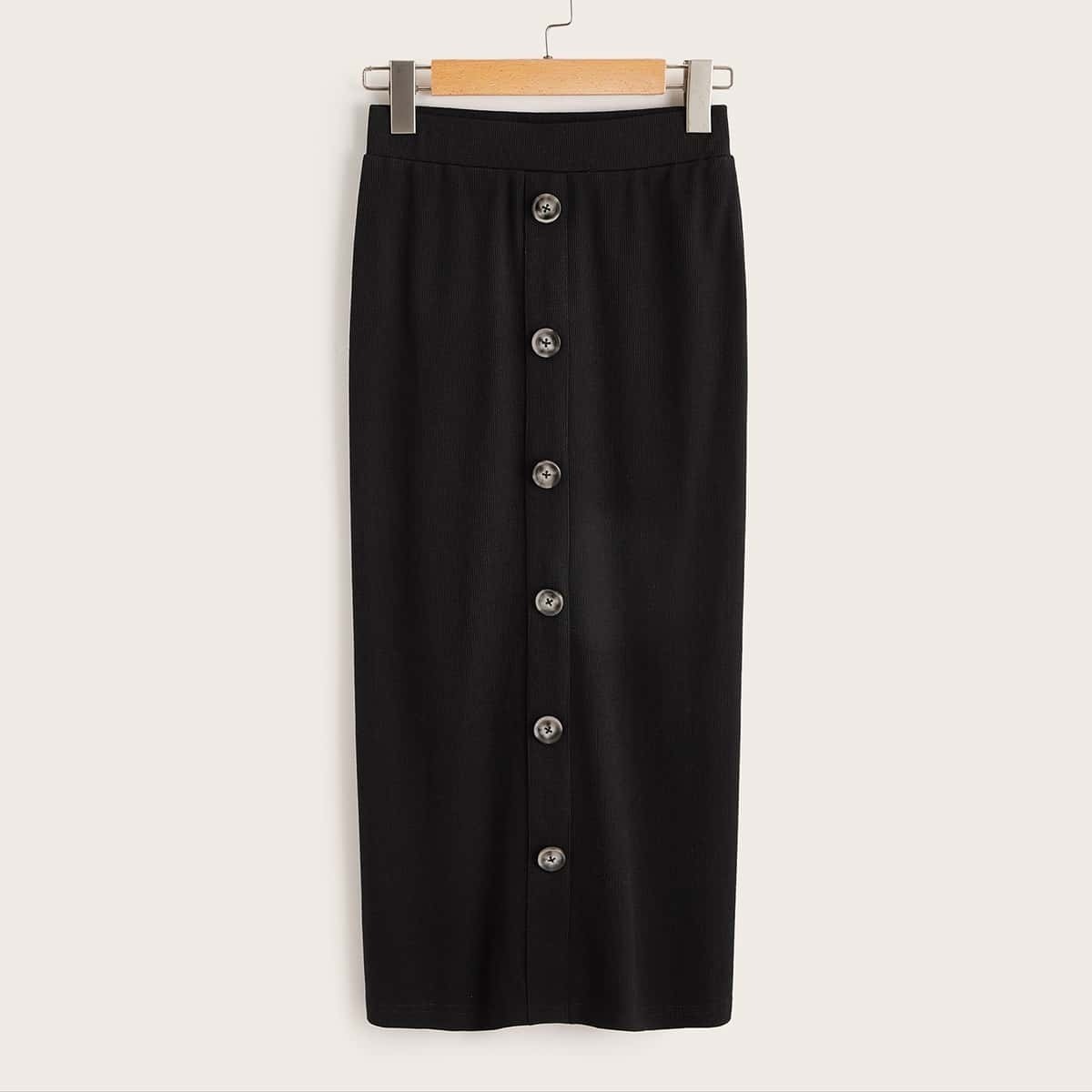 

Wide Band Waist Button Front Pencil Skirt, Black