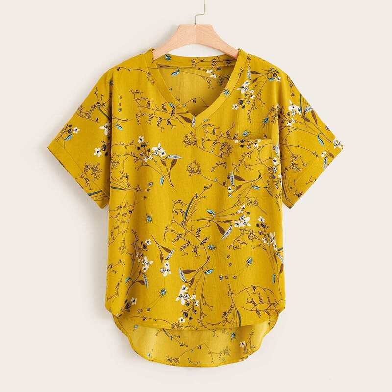 

Plus Dip Hem Floral Print Blouse, Yellow