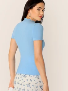 SHEIN Clasi 小高領生菜邊顯瘦合身tee - 淺藍色 - 查看 2