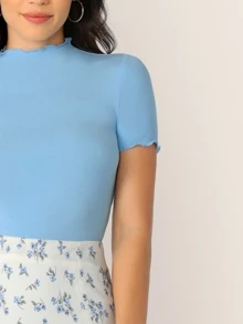 SHEIN Clasi 小高領生菜邊顯瘦合身tee - 淺藍色 - 查看 4
