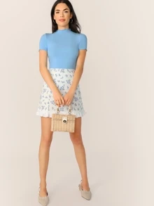 SHEIN Clasi 小高領生菜邊顯瘦合身tee - 淺藍色 - 查看 5