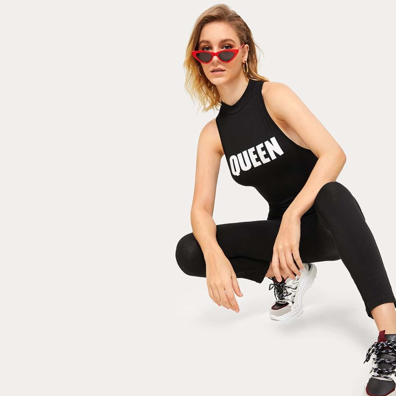 Letter Print Racerback Unitard Jumpsuit, Black