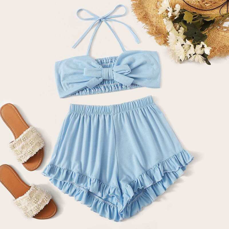 

Tie Front Shirred Back Halter Top With Ruffle Shorts, Blue