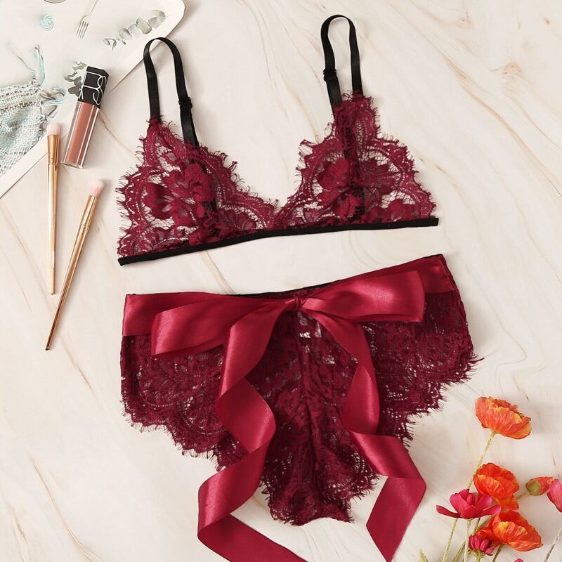 

Floral Lace Knot Front Lingerie Set, Burgundy