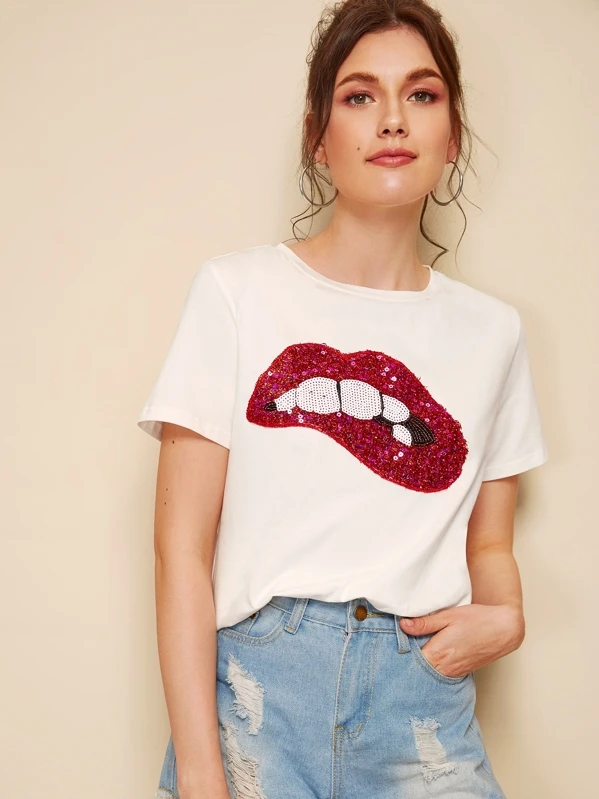 Camiseta labios lentejuelas clearance