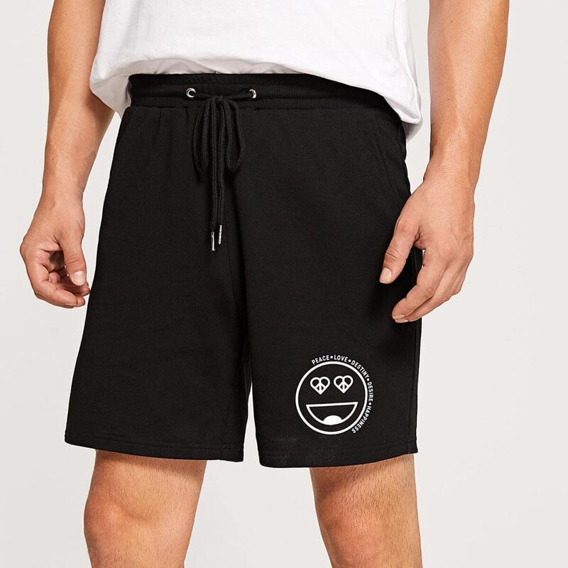 

Guys Drawstring Waist Letter & Cartoon Shorts, Black