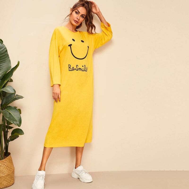 

Emoji and Letter Print Nightdress, Yellow