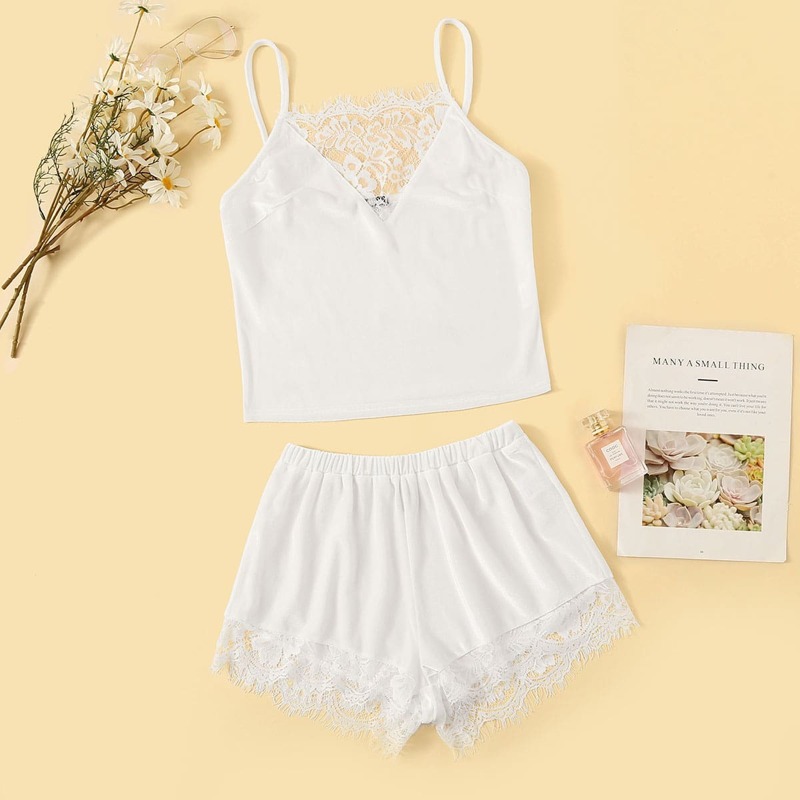 

Lace Insert Velvet Cami Top and Shorts PJ Set, Beige