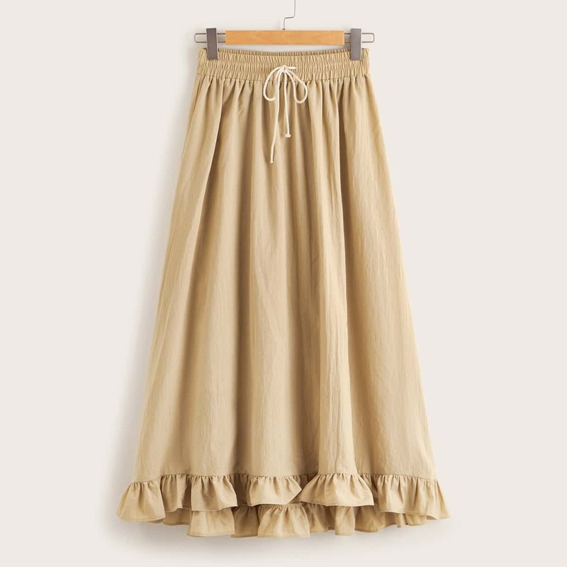 

Drawstring Maxi Ruffle Hem Skirt, Khaki