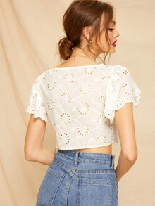 Blusa de manga mariposa con bordado con ojal - Beis - Ver 2