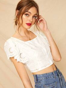 Blusa de manga mariposa con bordado con ojal - Beis - Ver 4