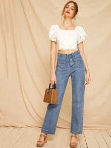 Blusa de manga mariposa con bordado con ojal - Beis - Ver 3
