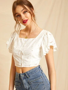 Blusa de manga mariposa con bordado con ojal - Beis - Ver 1