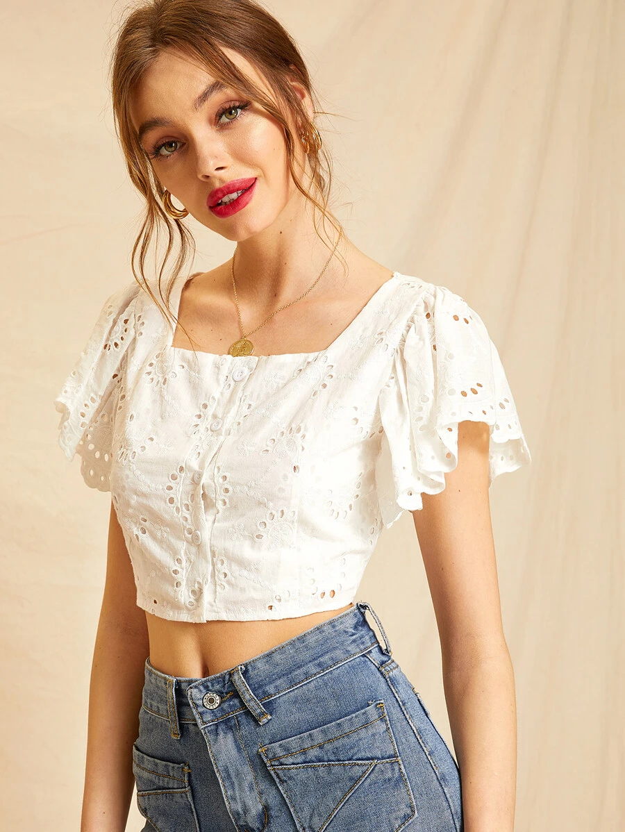 Blusa de manga mariposa con bordado con ojal - Beis - Ver 1