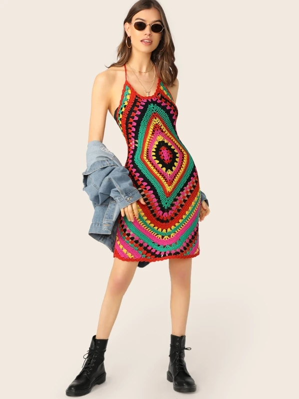 Halter Neck Rasta Crochet Knit Mini ...