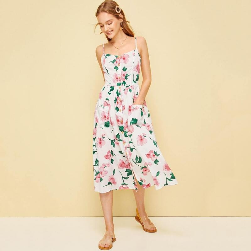 

Pocket Front Button Up Floral Cami Dress, Multicolor