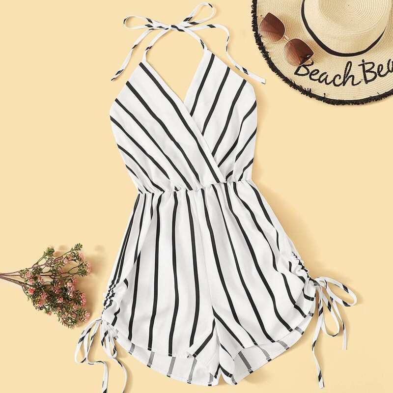 

Surplice Striped Drawstring Side Halter Playsuit, Black and white