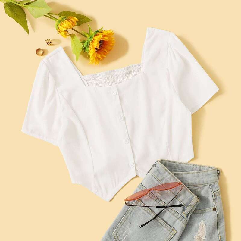 

Shirred Back Square Neck Asymmetrical Hem Solid Blouse, White
