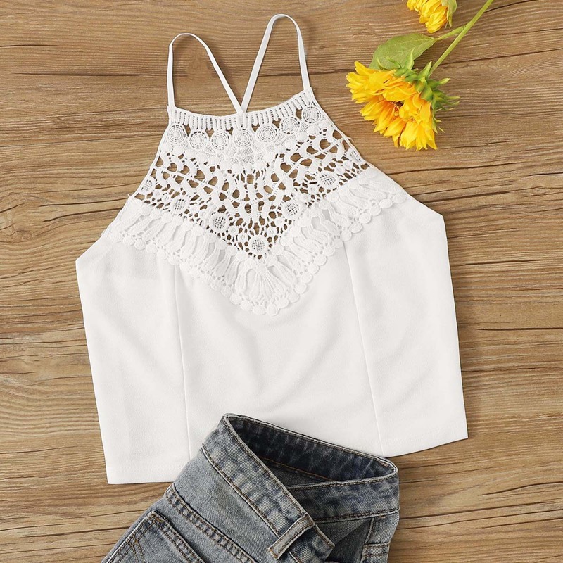 

Contrast Lace Criss Cross Back Cami Top, White