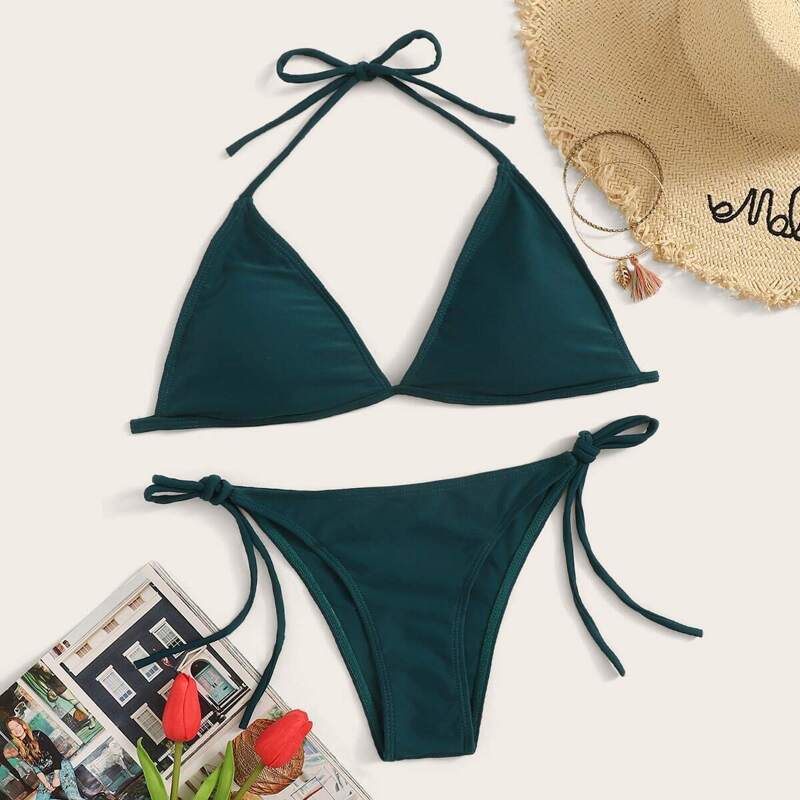 

Triangle Halter Top With Self Tie Side Bikini Set, Green