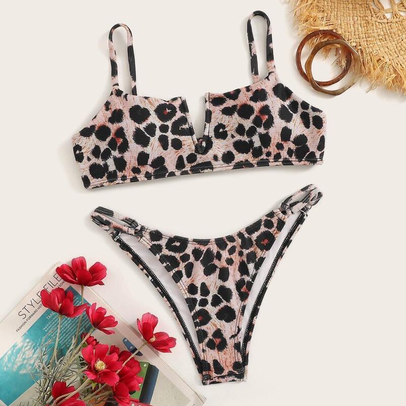 

V-cut Leopard Top With Tanga Bikini Set, Multicolor