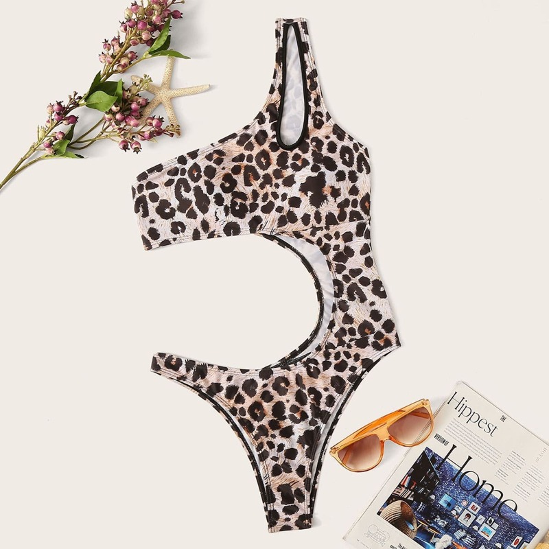 

One Shoulder Cut-out Leopard One Piece Swimsuit, Multicolor