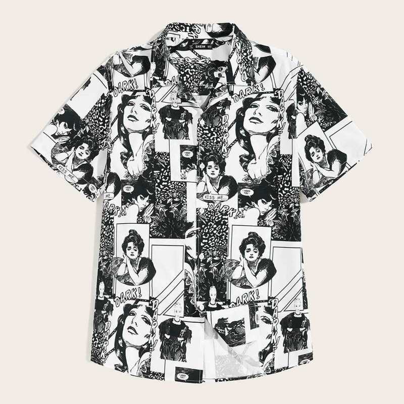 

Guys Cartoon Print Shirt, Black and white