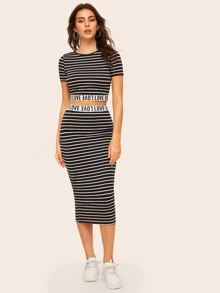 Mulvari Love Graphic Striped Crop Top & Skirt Set - Black and White - View 3