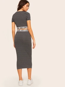Mulvari Love Graphic Striped Crop Top & Skirt Set - Black and White - View 2