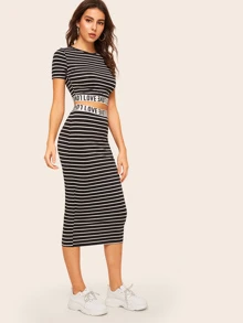 Mulvari Love Graphic Striped Crop Top & Skirt Set - Black and White - View 4