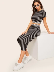 Mulvari Love Graphic Striped Crop Top & Skirt Set - Black and White - View 1