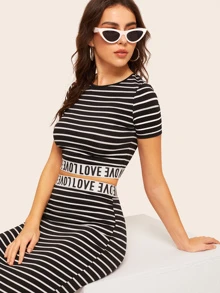 Mulvari Love Graphic Striped Crop Top & Skirt Set - Black and White - View 5