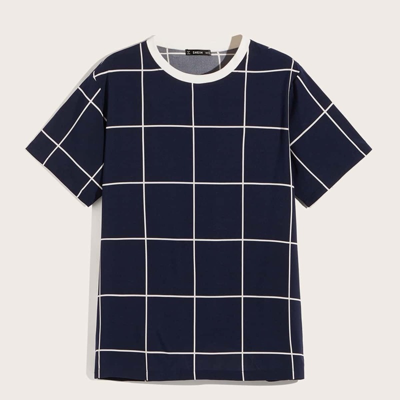 

Guys Contrast Neck Grid Top, Navy
