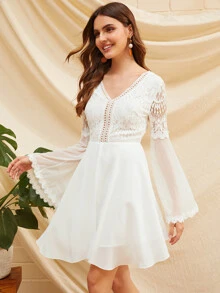 SHEIN 綁結露背蕾絲緊身衣式網紗袖連衣裙 - 白色 - 查看 3