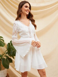 SHEIN 綁結露背蕾絲緊身衣式網紗袖連衣裙 - 白色 - 查看 4