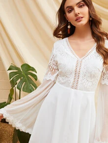 SHEIN 綁結露背蕾絲緊身衣式網紗袖連衣裙 - 白色 - 查看 5