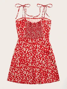 Ditsy Floral Self-Tie Cami Dress - Red - View 2